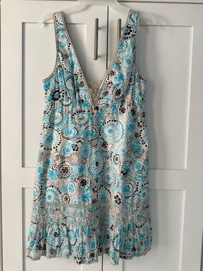 Free People Turquoise, White & Brown Sleeveless V-Neck Mini Dress